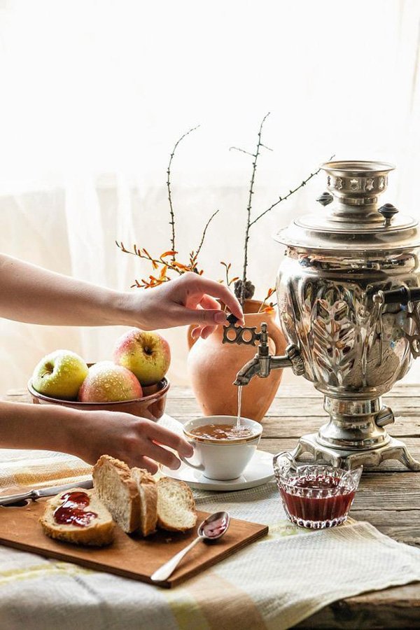 People use hot water from samovar for diluting the strong tea