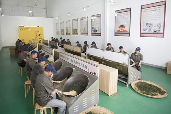 Tea masters flapping the leaves with a bamboo broom for frying