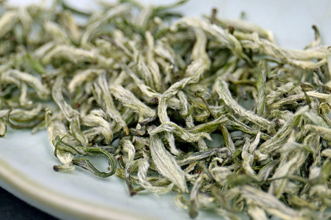 Mengding Ganlu tea leaves are covered with tiny white fuzz